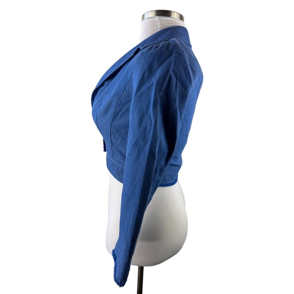 by Anthropologie Cropped Frayed Hem Blazer Blue Single Button Women's Size 2 - Picture 4 of 13